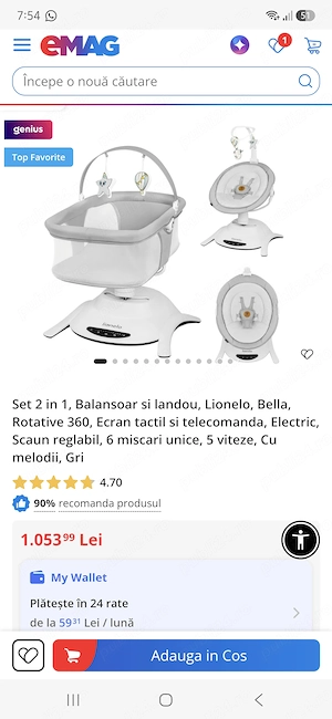 Set 2 in 1, Balansoar si landou, Lionelo, Bella, Rotative 360, Ecran tactil si telecomanda, Electric
