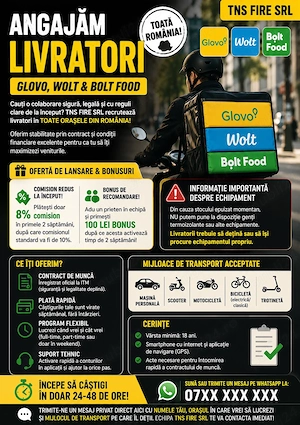 Angajam Livratori Bolt Food Glovo și Wolt 