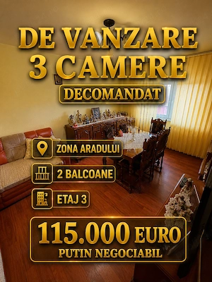 Oferta!!! 3 camere | Aradului | 2 balcoane | 2 bai | Etaj 3 | Decomandat !!!