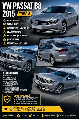  Volkswagen Passat B8   2015 | 2.0 TDI 150  - imagine 4