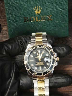 Ceas stil Submariner bicolor, cadran negru, brățară inox