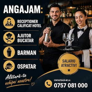 Gloria Events angajeaza receptioner calificat pentru hotel, ajutor de bucatar, barman si ospatar.