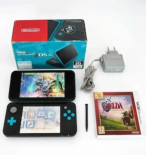 New Nintendo 2DS XL Black Turquoise + Zelda Ocarina of Time 3D + Cutie + Încărcător Original