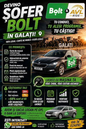 Devino șofer Bolt în Galați   Lucrează cu mașina ta sau cu Dacia Logan GPL!