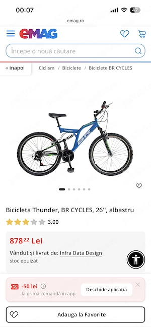Bicicletă Thunder, BR CYCLES, 26  , albastru