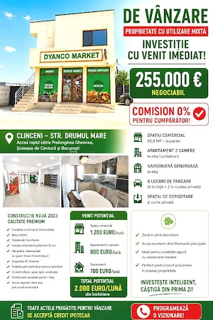 Vanzare -  Spatiu Comercial + Apartament + Garsoniera - Clinceni - 255000E - tva inclus -  INVESTITI