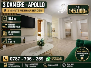 3 CAMERE - APOLLO - 2 MINUTE METROU BERCENI - 145.000€