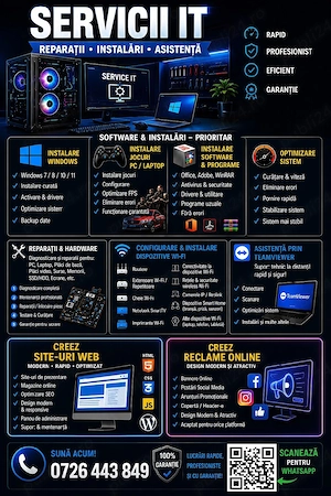 Instalez windows,drivere,jocuri,site web,reparatii Telefon Camere Routere.Ofer si servicii web.