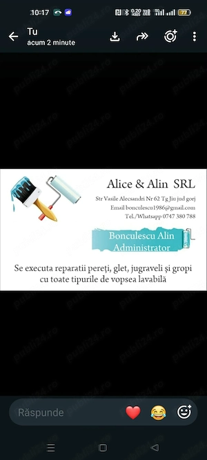Firma Alice Alin SRL executa toate felurile de vopsea reparati pereți glet gauri etc 