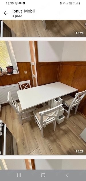Masa de bucătărie alba plianta IKEA cu 4 scaune  albe, noi, montatelbe noi montate