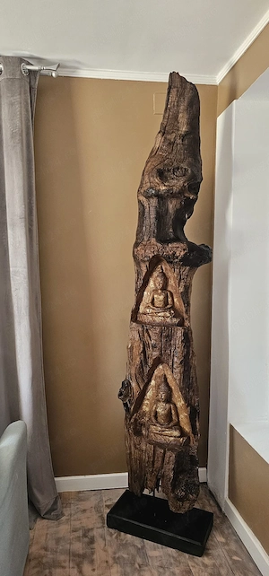 Sculptură Monumentală Indonezia   Lemn Masiv Tec (Teak) 240x50 cm   Unicat Buddha
