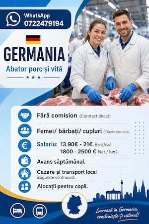 Locuri de muncă  la abator- Germania - Fără experiență  ! 