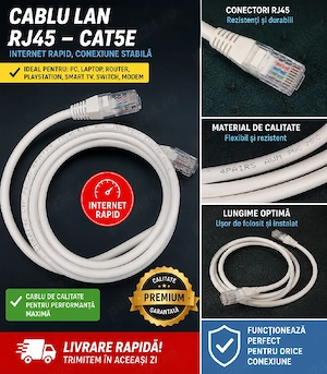 Cablu RJ45 CAT5e de înaltă calitate, ideal pentru conexiuni stabile și rapide la internet.   CAT5e  