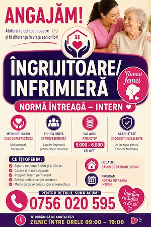Angajam Infirmiere si Ingrijitoare interne la un camin privat de batrani din Bucuresti Ilfov