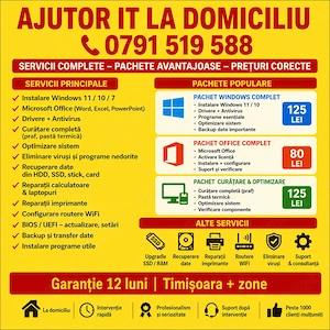 Reparații Calculatoare Laptop la Domiciliu Instalare Windows 11 10 Office Curățare SSD RAM Recuperar