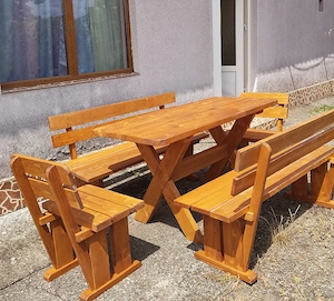 set mobilier gradina masa + scaune + banci lemn masiv