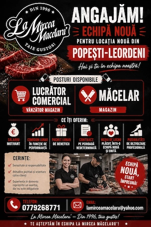 Angajam vânzătoare si măcelar pentru magazin carne zona Dimitrie Leonida