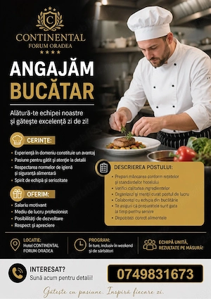 Angajăm Bucătar, Hotel Continental Forum Oradea