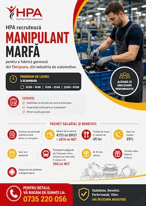 HPA recruteaza Manipulant marfa pentru o fabrica germana din Timisoara din industria de automotive.