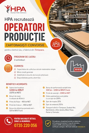 HPA recruteză Operatori producție (Cartonagisti) pentru clientul său, o fabrică din Timișoara