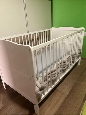 Patut din lemn bebe, Transformabil  140x70 cm de pin si mdf+saltea