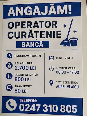 Angajam operator curatenie - Banca