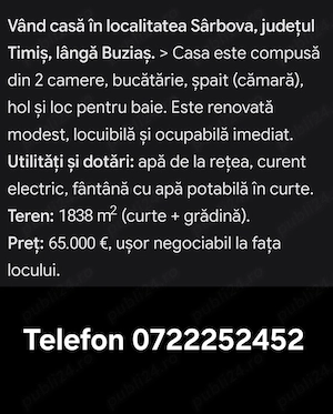 Vând casă in localitatea Sarbova.Jud.Timiș 