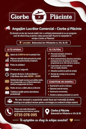 Angajăm Lucrător Comercial   Ciorbe și Plăcinte