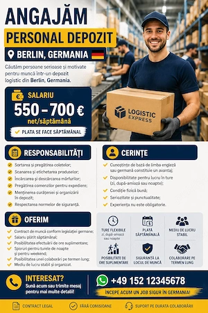Angajăm Personal Depozit   Berlin, Germania 
