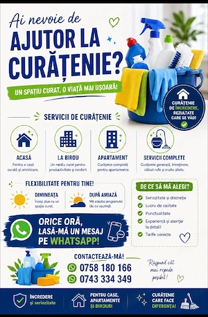 servicii de curățenie, Disponibilă pentru servicii de curățenie, pentru case, birou, apartamente 