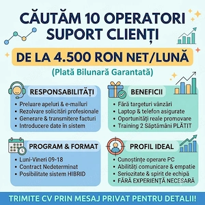 Căutăm 10 Operatori Suport Clienți   Fără Experiență Necesară 