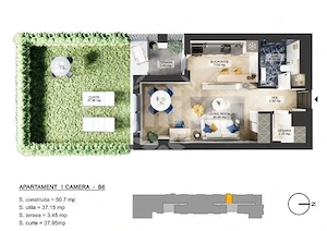 Apartament 1 camera zona de Nord - 43.09 mp utili si curte