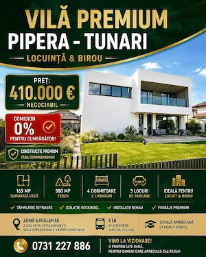 Vanzare – Casa -  Vila -  Premium  Pipera - Tunari -  Locuinta si Birou - HOME OFFICE - 380 mp teren
