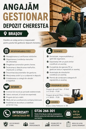 Angajam Gestionar Depozit Cherestea Brasov