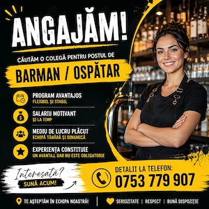 SC Angajează pe perioadă nedeterminată barman ospatar