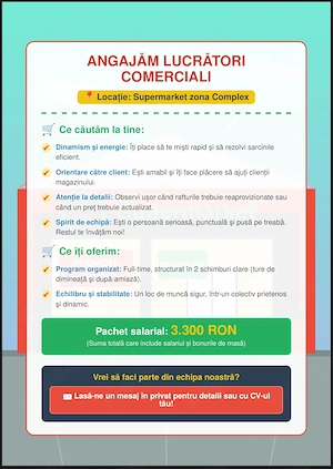 Angajăm în COMPLEXUL STUDENȚESC TIMIȘOARA, TIMIȘ. lucrător comercial  casier