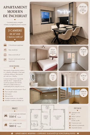 Închiriez apartament cu 3 camere în cartierul Fiald.