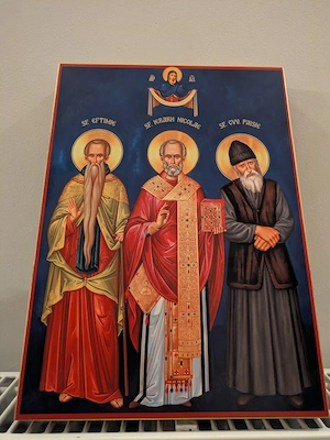 Icoana Sf Nicolae, Sf Eftimie, Sf Paisie Aghioritul și Sfântul Acoperământ al Maicii Domnului, 21x29