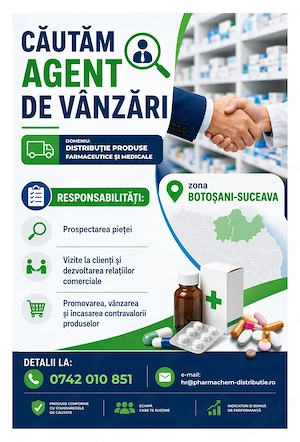 Căutăm AGENT DE VÂNZĂRI - zona Suceava - Botoşani