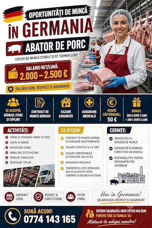 Locuri de munca Germania- bărbați,  femei. cupluri Abator de porc