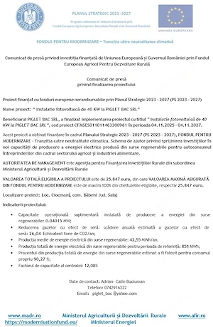Comunicat de presă privind finalizarea proiectului Piglet Bac SRL