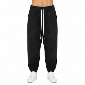 Pantaloni Negri Bărbați Balloon Fit din Bumbac cu Șnur