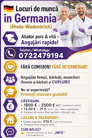 Locuri de muncă  la abator- Germania - Fără experiență  ! 