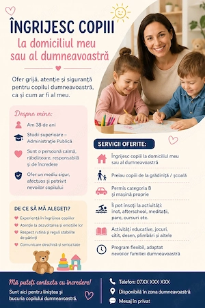 ingrijesc copii la domiciliul meu sau al dumneavoastra