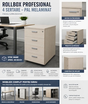 Stoc 100 buc Rollbox cu 4 Sertare finisaj lemn deschis; Casatiera 72x43x60 cm; Dulap de birou