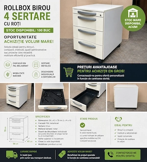 Stoc 100 buc Rollbox Profesional pe rotile cu 4 sertare metalice; Carucior cu sertare; Casatiera