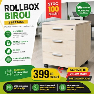 Stoc 100 buc Rollbox Profesional pe rotile cu 3 sertare metalice; Casetiera; Dulap birou; Fiset