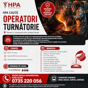 Angajăm Operator Turnătorie   Companie din județul Arad