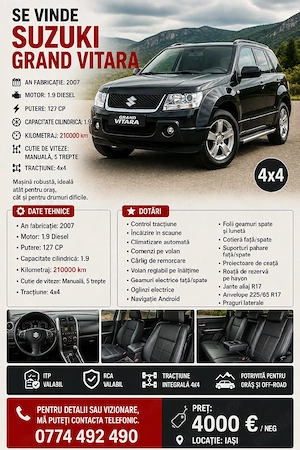 Se vinde Suzuki Grand Vitara, an fabricație 2007, motor 1.9 Diesel 127 CP, cutie manuală 5 trepte și - imagine 4