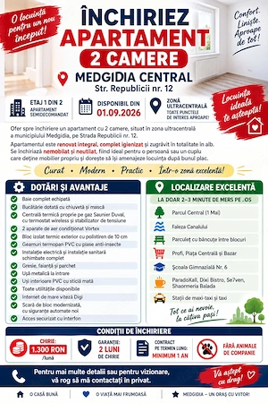 Închiriez apartament 2 camere, Medgidia Central, Etaj.1